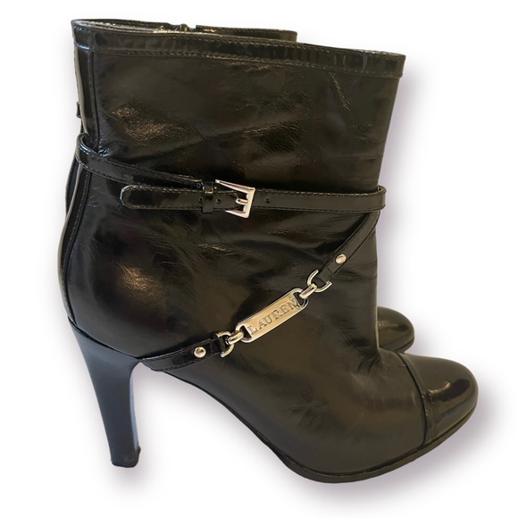 Lauren Ralph Lauren Black Leather Booties High Heel Patent Cap Toe Sz 8.5 - Picture 1 of 9